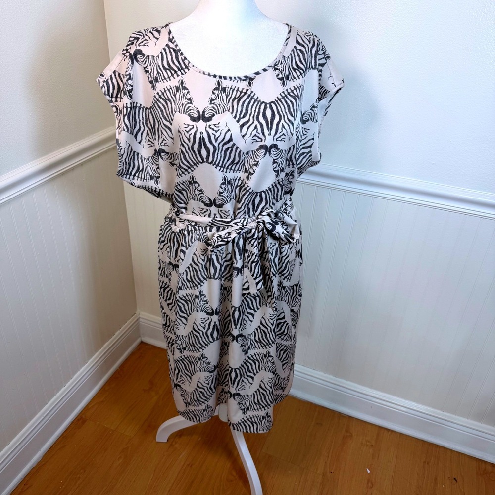 The Limited Zebra Print Belted Midi Dress Black Cream Animal Print Women‎ Size L